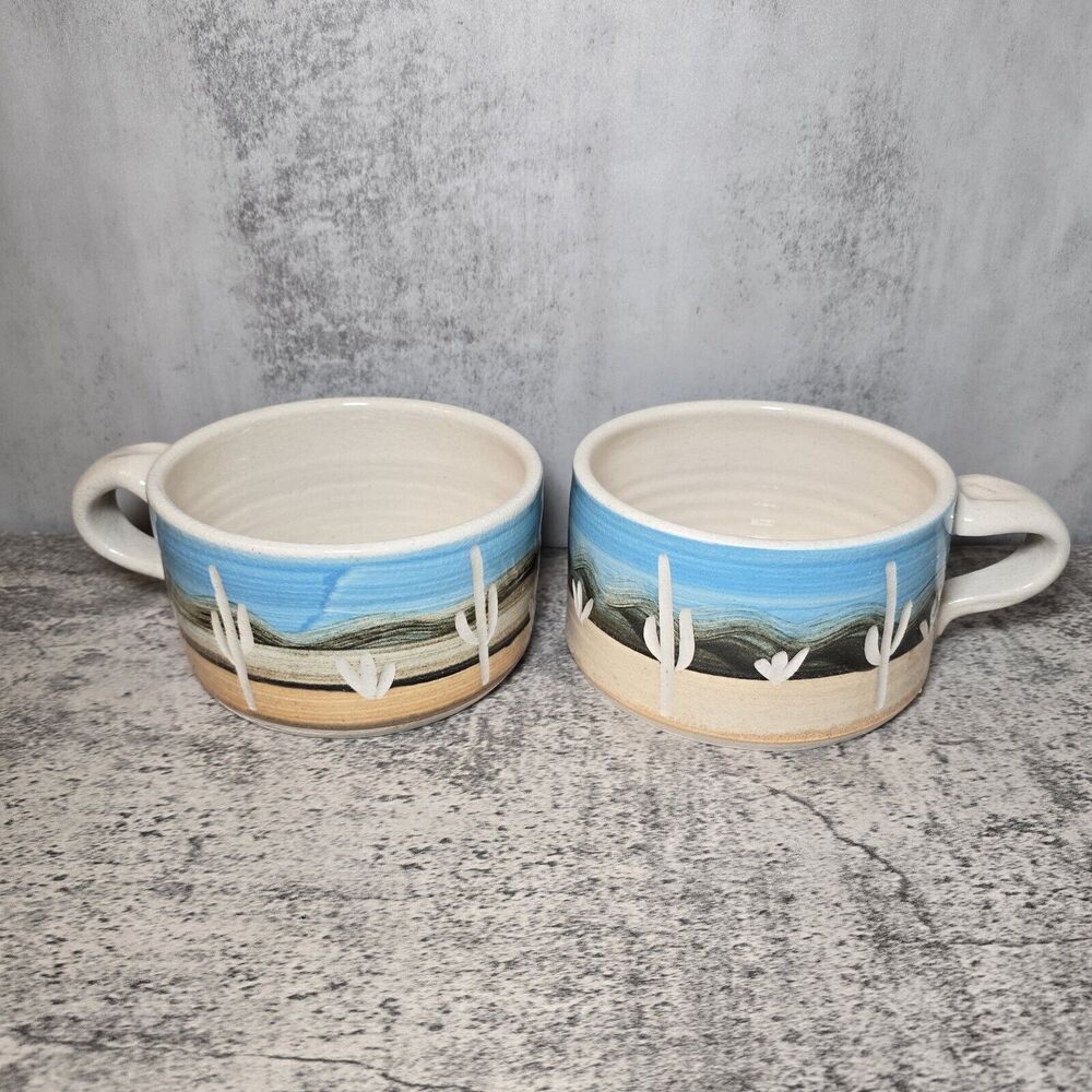 (2) Hand thrown Pottery Mug Planter Desert Southwest Cactus Succulent 3.5” X 5.5